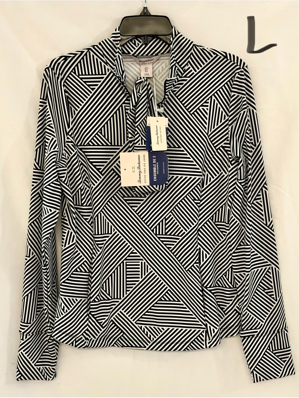 Tommy Bahama Black and White Geometric Stripe Long Sleeve Top - Picture 1 of 5